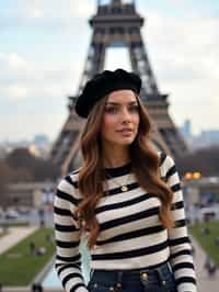 stylish and chic  woman in Paris, wearing a beret and striped top, Eiffel Tower in the background