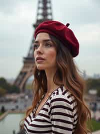 stylish and chic  woman in Paris, wearing a beret and striped top, Eiffel Tower in the background