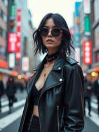 stylish and chic  woman in Tokyo wearing a futuristic outfit, Shibuya crossing in the background