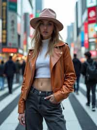 stylish and chic  woman in Tokyo wearing a futuristic outfit, Shibuya crossing in the background