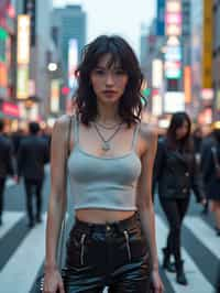 stylish and chic  woman in Tokyo wearing a futuristic outfit, Shibuya crossing in the background