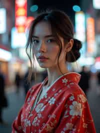 stylish and chic  woman in Tokyo wearing a modern take on a traditional kimono, neon lights of the city in the background