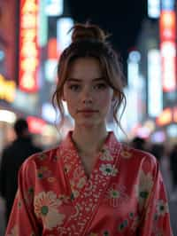 stylish and chic  woman in Tokyo wearing a modern take on a traditional kimono, neon lights of the city in the background