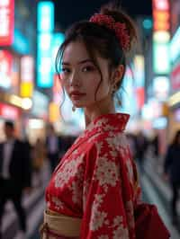 stylish and chic  woman in Tokyo wearing a modern take on a traditional kimono, neon lights of the city in the background