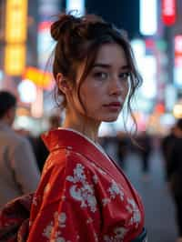 stylish and chic  woman in Tokyo wearing a modern take on a traditional kimono, neon lights of the city in the background