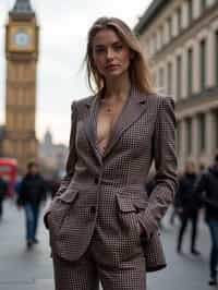 stylish and chic  woman in London wearing a checkered suit, Big Ben in the background