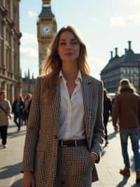 stylish and chic  woman in London wearing a checkered suit, Big Ben in the background