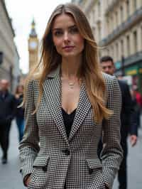 stylish and chic  woman in London wearing a checkered suit, Big Ben in the background