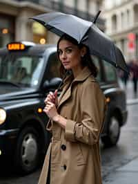 stylish and chic  woman in London sporting a trench coat and holding an umbrella, iconic London cab in the background