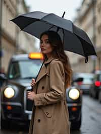 stylish and chic  woman in London sporting a trench coat and holding an umbrella, iconic London cab in the background