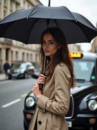 stylish and chic  woman in London sporting a trench coat and holding an umbrella, iconic London cab in the background