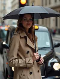 stylish and chic  woman in London sporting a trench coat and holding an umbrella, iconic London cab in the background