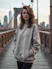 stylish and chic  woman in New York City wearing an oversized sweatshirt and high top sneakers, Brooklyn Bridge in the background