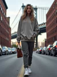 stylish and chic  woman in New York City wearing an oversized sweatshirt and high top sneakers, Brooklyn Bridge in the background