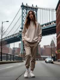 stylish and chic  woman in New York City wearing an oversized sweatshirt and high top sneakers, Brooklyn Bridge in the background