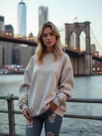 stylish and chic  woman in New York City wearing an oversized sweatshirt and high top sneakers, Brooklyn Bridge in the background