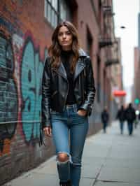 stylish and chic  woman in New York City wearing a leather jacket, jeans, and boots with urban graffiti in the background