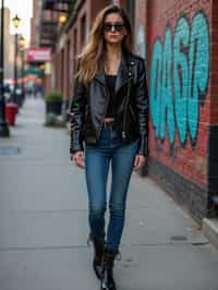 stylish and chic  woman in New York City wearing a leather jacket, jeans, and boots with urban graffiti in the background