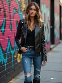 stylish and chic  woman in New York City wearing a leather jacket, jeans, and boots with urban graffiti in the background