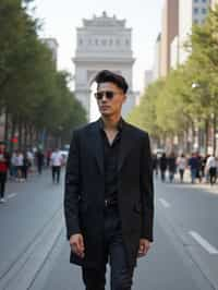 sharp and trendy man in Buenos Aires wearing a modern street style outfit, Obelisco de Buenos Aires in the background