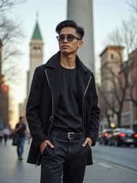 sharp and trendy man in Buenos Aires wearing a modern street style outfit, Obelisco de Buenos Aires in the background