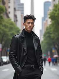 sharp and trendy man in Buenos Aires wearing a modern street style outfit, Obelisco de Buenos Aires in the background