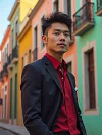 sharp and trendy man in Buenos Aires wearing a tango-inspired dress/suit, colorful houses of La Boca neighborhood in the background