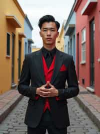 sharp and trendy man in Buenos Aires wearing a tango-inspired dress/suit, colorful houses of La Boca neighborhood in the background