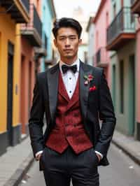 sharp and trendy man in Buenos Aires wearing a tango-inspired dress/suit, colorful houses of La Boca neighborhood in the background