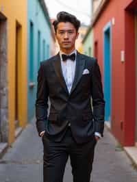 sharp and trendy man in Buenos Aires wearing a tango-inspired dress/suit, colorful houses of La Boca neighborhood in the background