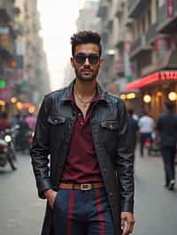 sharp and trendy man in Mumbai wearing a contemporary fusion outfit, bustling streets of Mumbai in the background