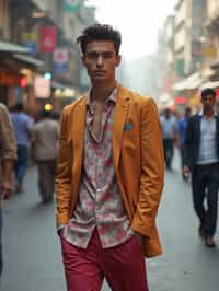 sharp and trendy man in Mumbai wearing a contemporary fusion outfit, bustling streets of Mumbai in the background