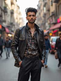 sharp and trendy man in Mumbai wearing a contemporary fusion outfit, bustling streets of Mumbai in the background