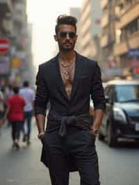 sharp and trendy man in Mumbai wearing a contemporary fusion outfit, bustling streets of Mumbai in the background