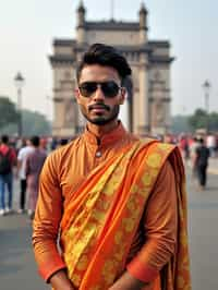 sharp and trendy man in Mumbai wearing a vibrant saree/kurta, Gateway of India in the background