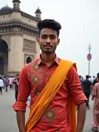 sharp and trendy man in Mumbai wearing a vibrant saree/kurta, Gateway of India in the background