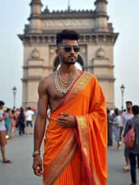 sharp and trendy man in Mumbai wearing a vibrant saree/kurta, Gateway of India in the background