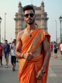 sharp and trendy man in Mumbai wearing a vibrant saree/kurta, Gateway of India in the background