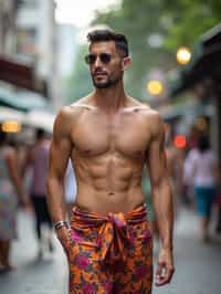 sharp and trendy man in Thailand wearing a vibrant sarong, Bangkok in the background