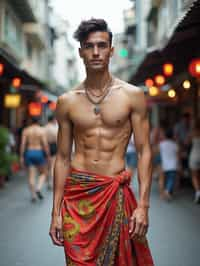 sharp and trendy man in Thailand wearing a vibrant sarong, Bangkok in the background