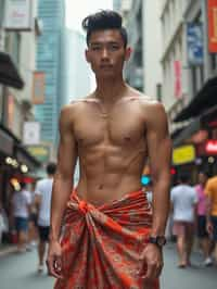 sharp and trendy man in Thailand wearing a vibrant sarong, Bangkok in the background