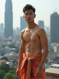 sharp and trendy man in Thailand wearing a vibrant sarong, Bangkok in the background