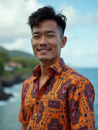 sharp and trendy man in Bali wearing vibrant Batik clothes, Bali, Indonesia in the background