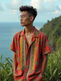 sharp and trendy man in Bali wearing vibrant Batik clothes, Bali, Indonesia in the background