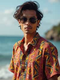 sharp and trendy man in Bali wearing vibrant Batik clothes, Bali, Indonesia in the background