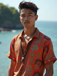 sharp and trendy man in Bali wearing vibrant Batik clothes, Bali, Indonesia in the background