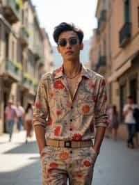 sharp and trendy man in Barcelona wearing a stylish summer outfit, La Sagrada Família in the background