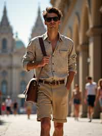 sharp and trendy man in Barcelona wearing a stylish summer outfit, La Sagrada Família in the background