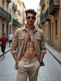 sharp and trendy man in Barcelona wearing a stylish summer outfit, La Sagrada Família in the background