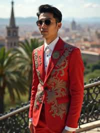 sharp and trendy man in Barcelona wearing a flamenco-inspired dress/suit, Park Güell in the background